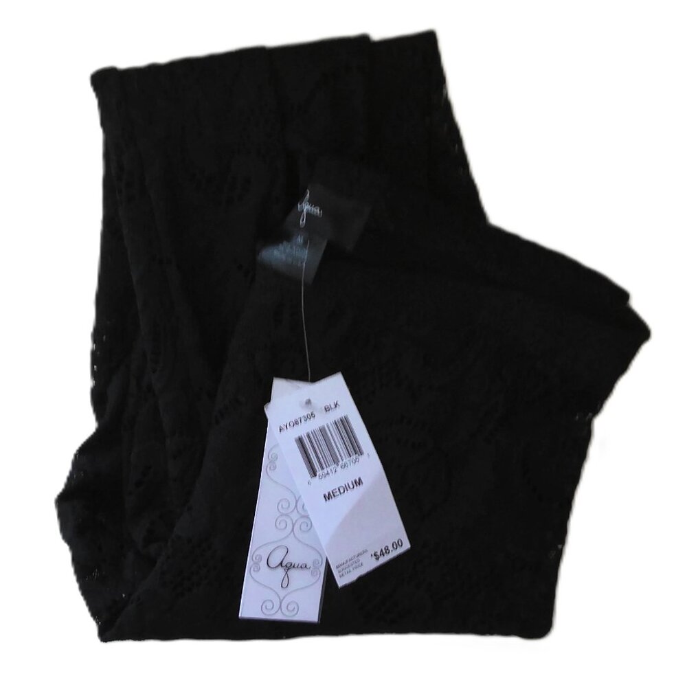 New Aqua Black Lace Leggings Y2K Ankle Stockings Floral Stretch NWT $48 Sz M
